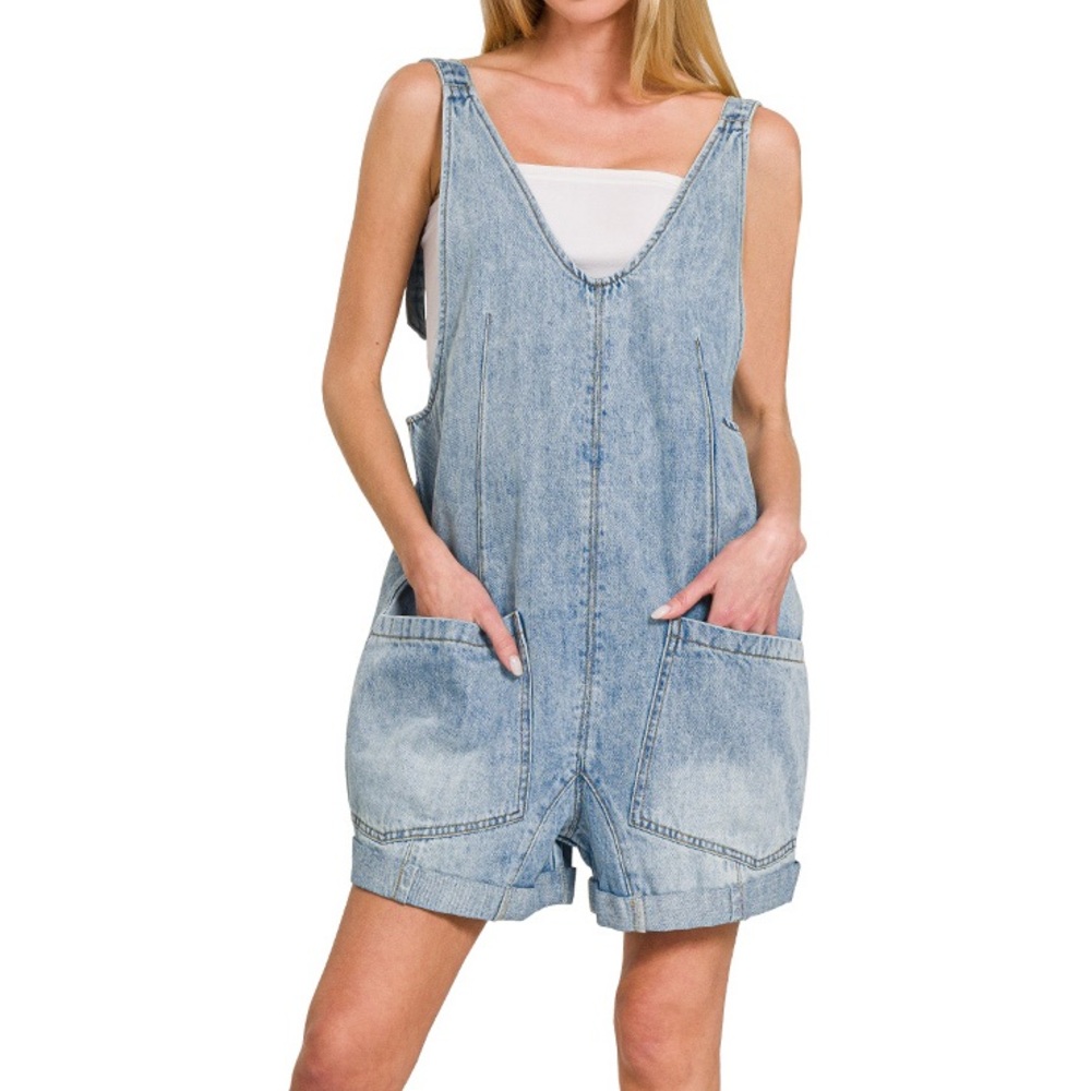 NWT Zenana Light Acid Wash Denim Short Overalls Romper